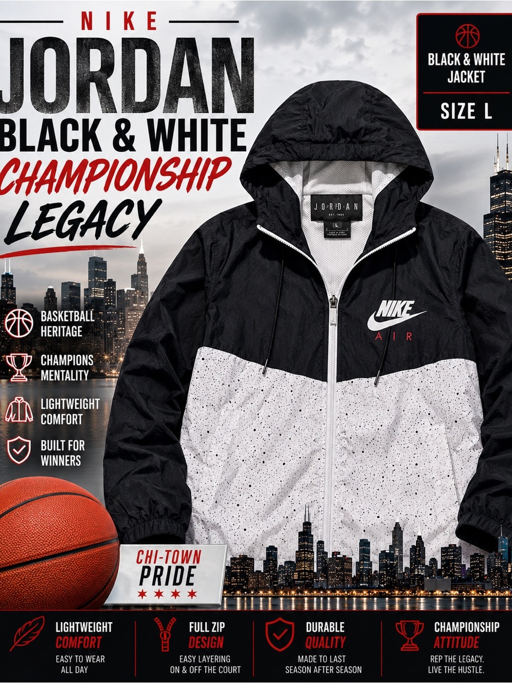 Nike Air Jordan Windbreaker Jacket Size Large Black White Full Zip Hoodie